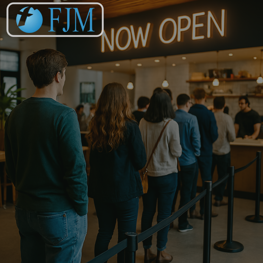 orang antri di cafe baru